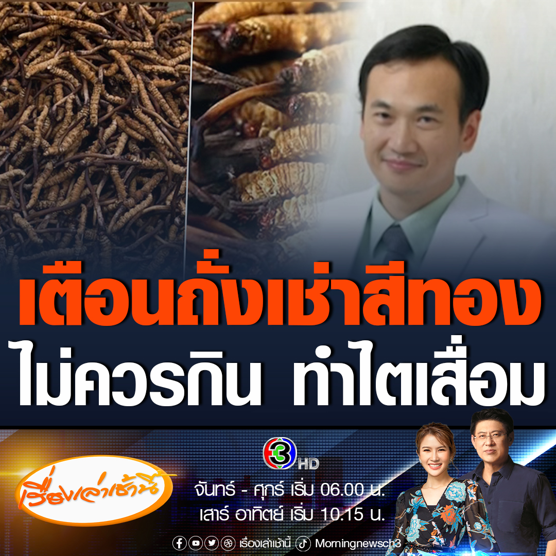 #เรื่องเล่าเช้านี้ แพทย์ รพ.รามาธิบดี เตือนไม่ควรกินถั่งเช่าสีทอง ชี้ไม่ช่วยบำรุงไต ทำไตเสื่อมถึงขั้นไตวาย ทางการแพทย์แผนจีน ใช้ถั่งเช่าทิเบต แต่ถั่งเช่าที่คนไทยรับประทาน เป็นถั่งเช่าสีทอง ซึ่งหญ้าหนอนคนละตระกูลกัน #ข่าวช่อง3 #ข่าวสังคม