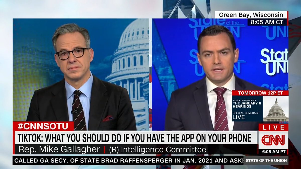 "Should they delete that app?" "They should." Rep. Mike Gallagher (R-WI) shares why he believes TikTok should be banned from use in the US. State of the Union #CNNSOTU