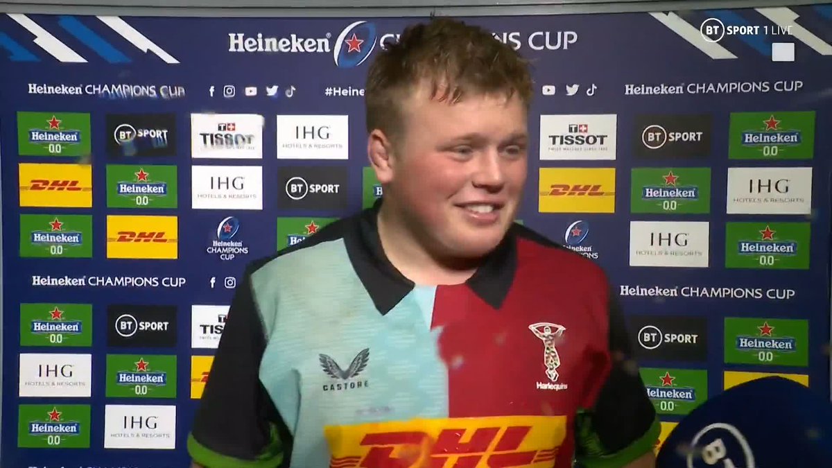 "This is pretty weird. This is pretty cool." ❤️ This is a special interview with 20-year-old Harlequins 🃏 forward and Star of the Match Fin Baxter. #HeinekenChampionsCup