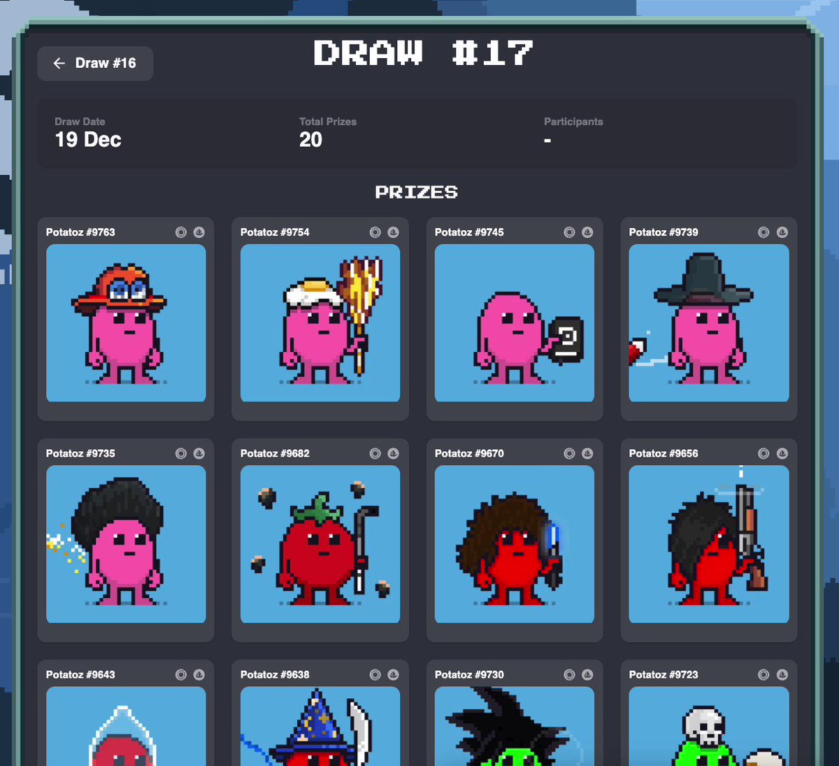 Every Monday is Memeland ❤️ Memecoin Monday! In ~1 hour, 20 winners will get the following prizes: • 🥔 Potatoz (FP: 2.57Ξ) x 20 It's also the cut-off time for Prize Draw #18! When you grow your 🥔, You get 1 🎟️ every 7 days, And you only need 1 🎟️ to win!