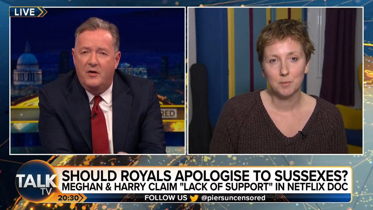 "I don't hate Meghan Markle... I never said I hated Meghan Markle." Piers Morgan tells feminist activist Natalie Collins: "I hate what she's done to the royal family and to the monarchy and to the reputation of Britain." Piers Morgan | Talk | #PMU
