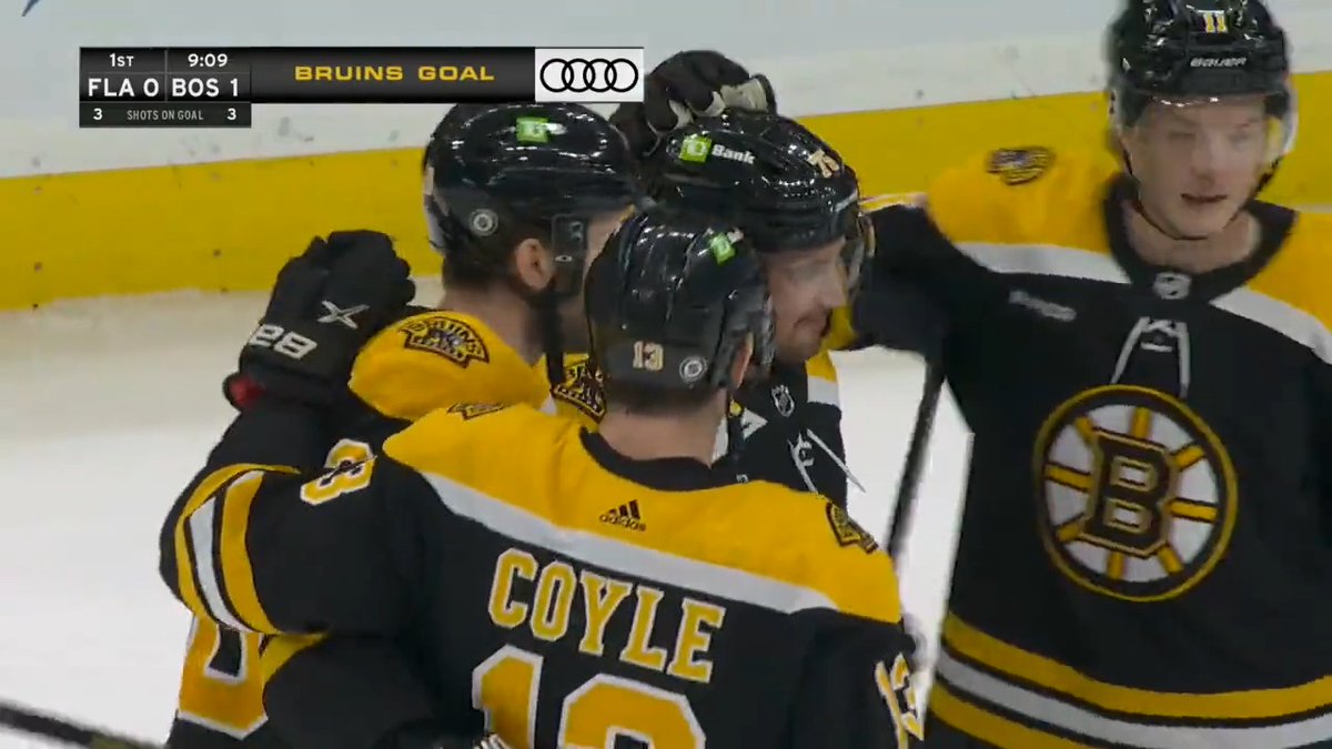 A tidy bit of work here by Connor Clifton (Connor Clifton) to pick up his own rebound and roof it to get the Boston Bruins on the board! 🐻
