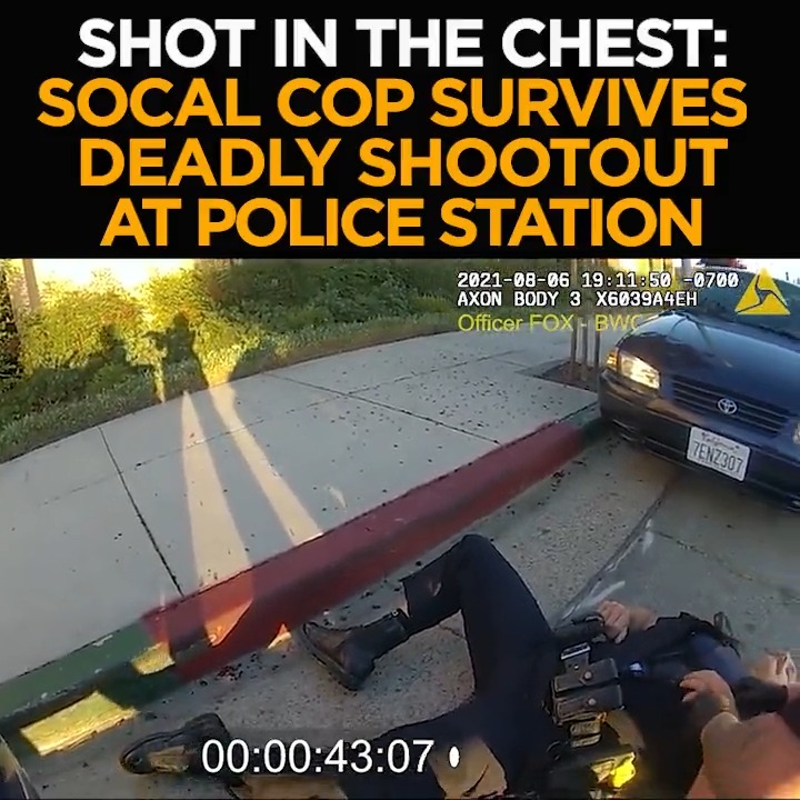 It's video some might find disturbing. A #LaHabra police officer shot in the chest right in front of the police station. The suspect is killed, but the officer survives the shootout. The heart-stopping bodycam video just released. Tonight at 11 from ABC7