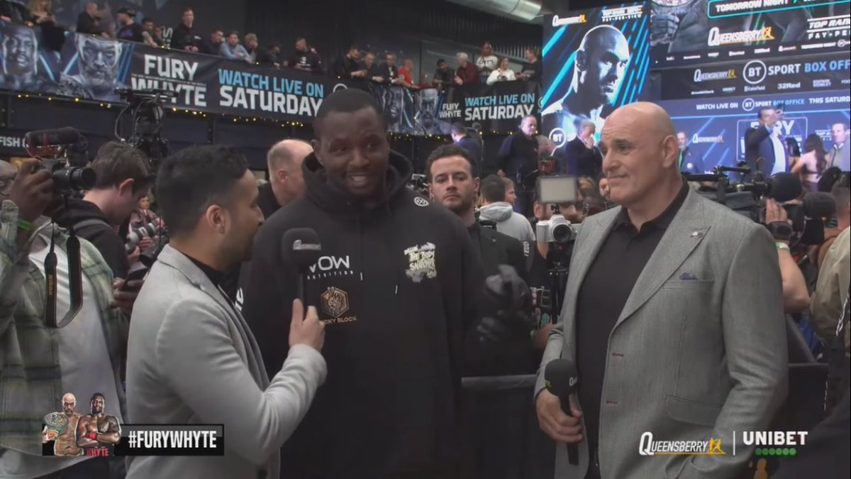 Dillian Whyte got halfway through an interview at the weigh-in for his fight vs Tyson Fury before realising he was stood next to John Fury… [📽️ Frank Warren]
