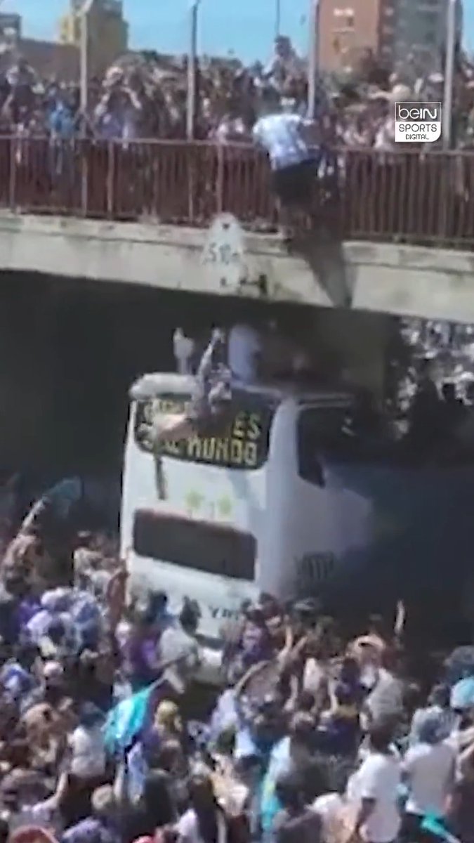 Fans jump from a bridge on Argentina’s team bus. One falls, taken away on a stretcher, but still singing. Never seen anything like this! 🇦🇷🏆