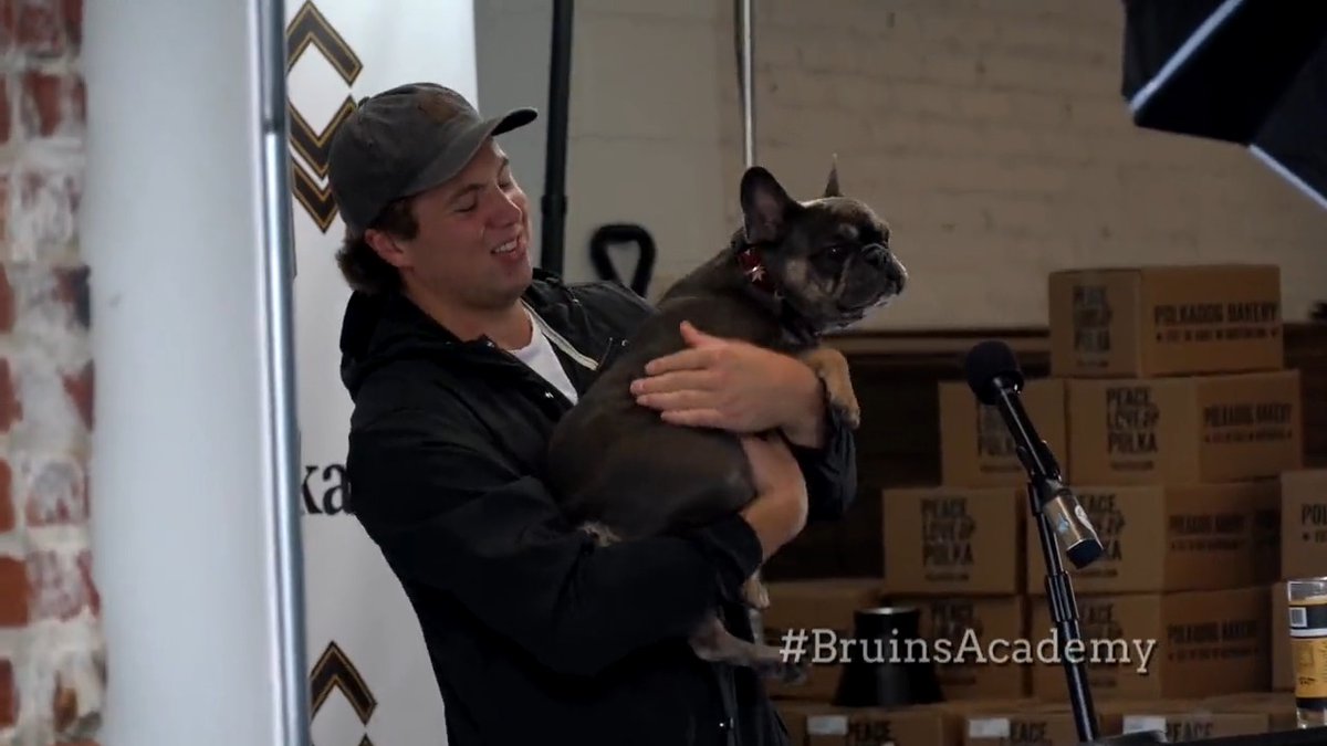 Is there a better way to cap off 73's birthday? Go behind the scenes as Charlie McAvoy and Otto film a commercial for Polkadog. 🐶 #BruinsAcademy | #NHLBruins