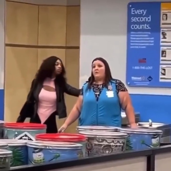 Viral video posted to TikTok showed an apparent hostage situation unfold at a Walmart in Richland, Mississippi. A woman held a Walmart employee at gunpoint. News reports indicate the suspect was shot dead by police. No other injuries were reported. 📹: 504bigmama