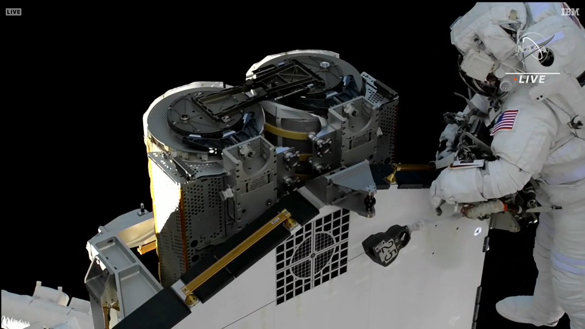 About an hour into the spacewalk, Cassada is working to release the anti-rotation devices on the iROSA that are holding it in place. Rubio is securing power cables that will be connected once the iROSA is in place and making sure the soft-capture system is ready for its arrival.