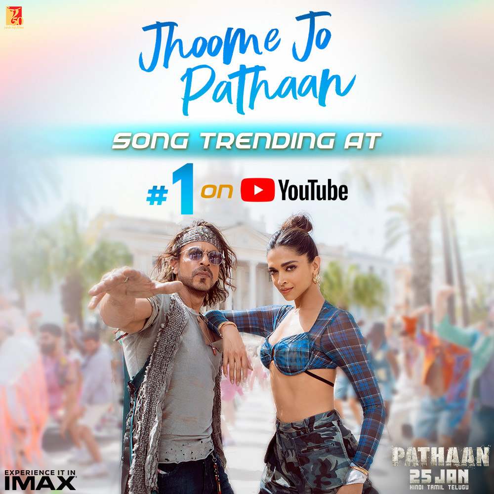 Lights, camera, PARTY as #JhoomeJoPathaan song is trending at #1 on YouTube 🕺 Celebrate #Pathaan with #YRF50 only at a big screen near you on 25th January, 2023. Releasing in Hindi, Tamil and Telugu.