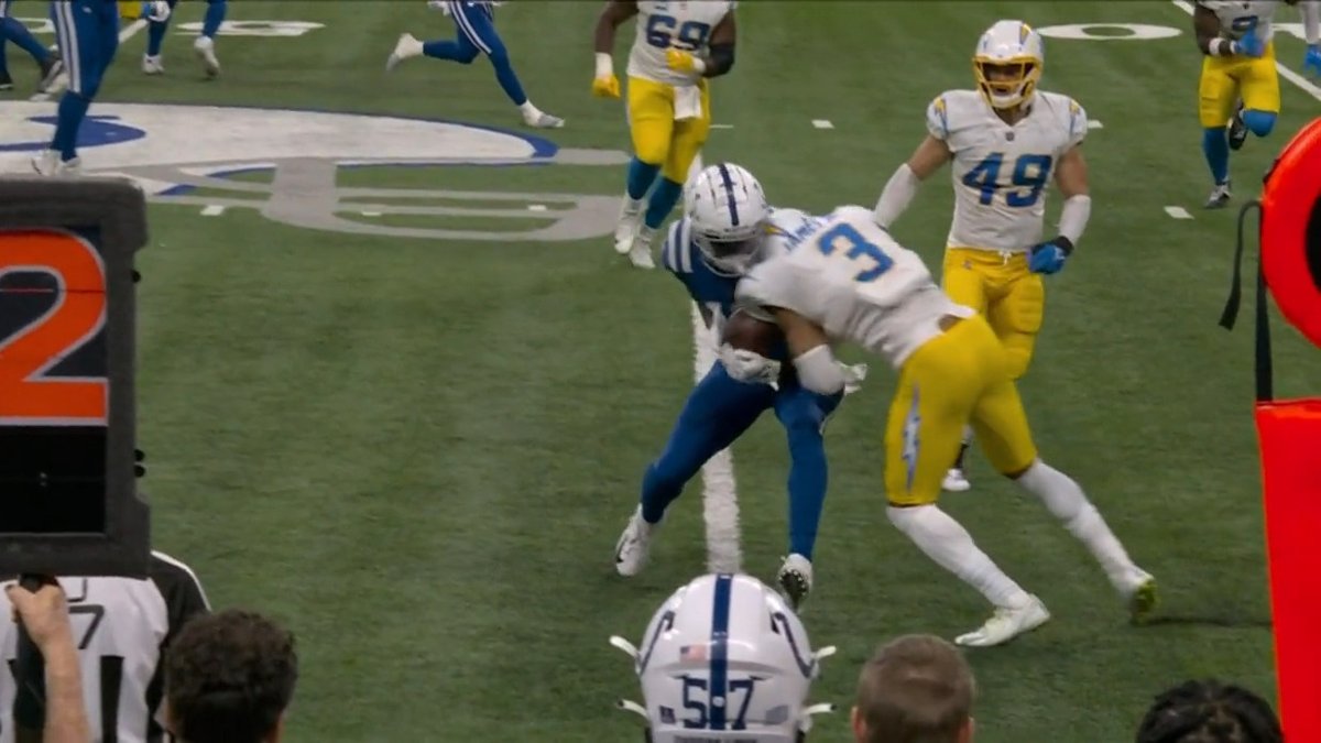 Here's the complete play (including replays) from the 2nd quarter of Chargers at Colts. The hit by Chargers safety Derwin James against Colts wide receiver Ashton Dulin. James received a penalty for unnecessary roughness and was disqualified from the game by referee Clay Martin.