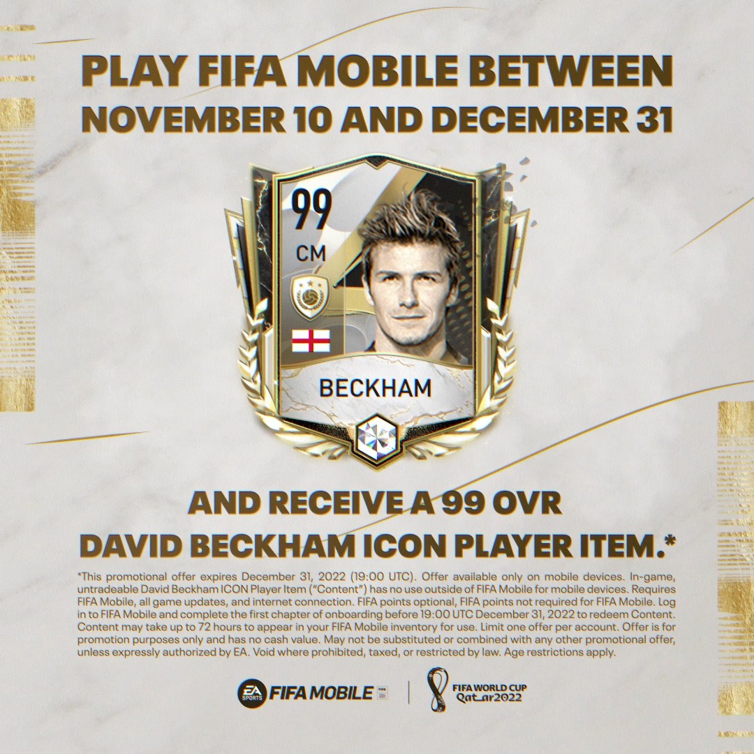 Play FIFA Mobile before December 31 to receive your 99 OVR David Beckham ⌛ Use him in your lineup, as a super-sub, or in exchanges!