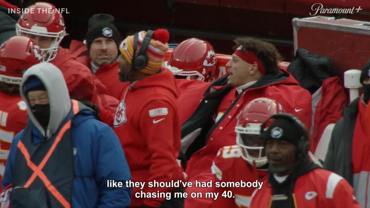 "That fear puts that speed into me, bro." Fastest QB in the league: Patrick Mahomes II when he's being chased. (via NFL Films, @InsideTheNFL)