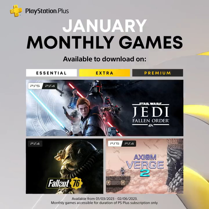 Your PlayStation Plus Monthly Games for January 2023 are: ➕ Star Wars Jedi: Fallen Order ➕ Fallout 76 ➕ Axiom Verge 2 Full details: