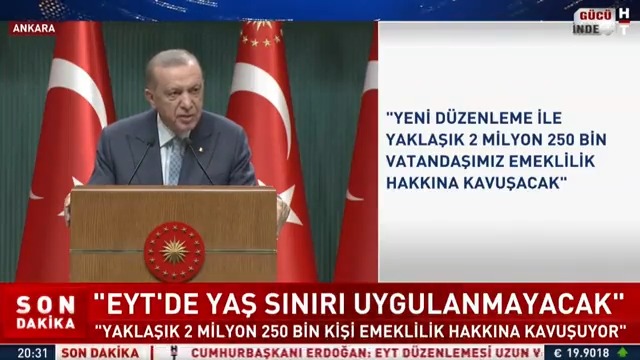 Cumhurbaşkanı Erdoğan: "#EYT'de uzun ve kapsamlı çalışma sonrası son şekli verildi. #EYT'de yaş sınırı uygulanmayacak. 2 milyon 250 bin kişi emeklilik hakkına kavuşuyor. Emekli olduktan sonra çalışmaya devam edecek vatandaşlarımız için prim teşviki getiriyoruz."
