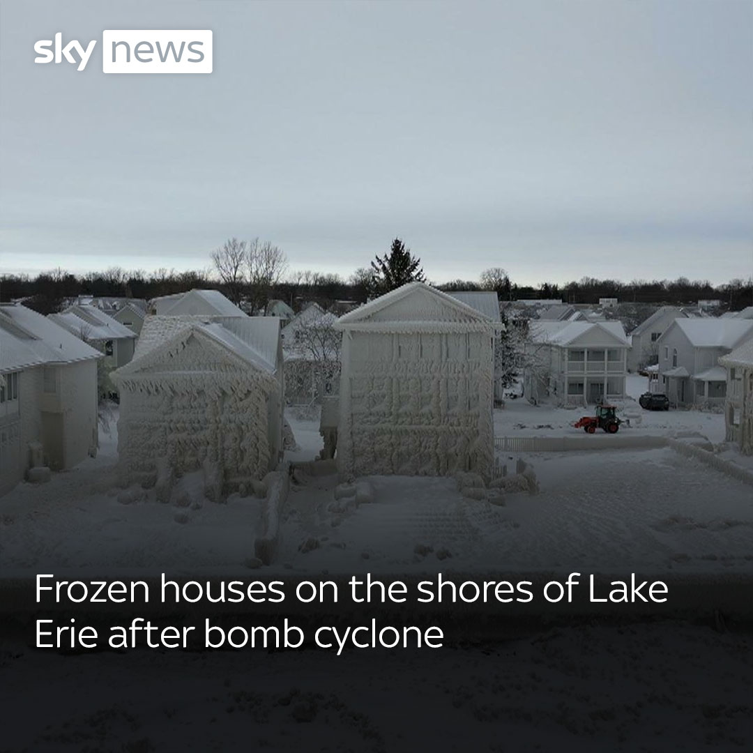 A drone has captured incredible footage of entire houses encased in ice after a bomb cyclone hit the US and parts of Canada. Read more: