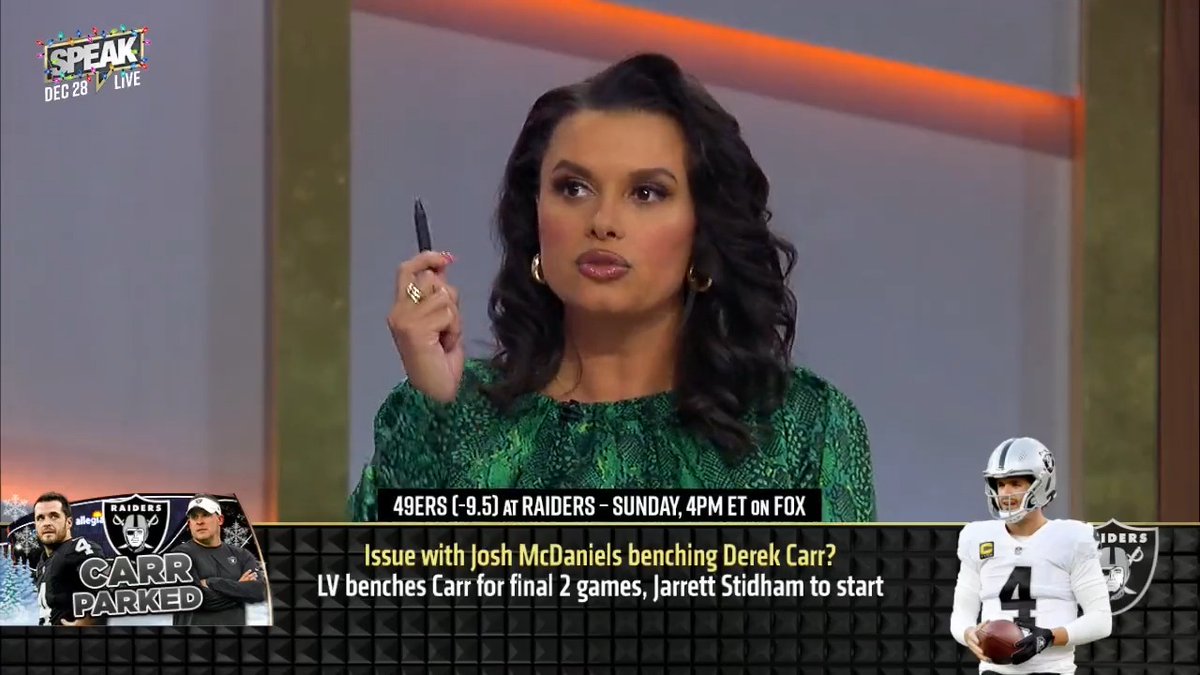.Joy Taylor reacts to the Raiders benching Derek Carr “Get up out of there... You're going to get to go somewhere that wants you, that needs you, and you’re going to get an opportunity to show that this dysfunction isn’t because of you.”
