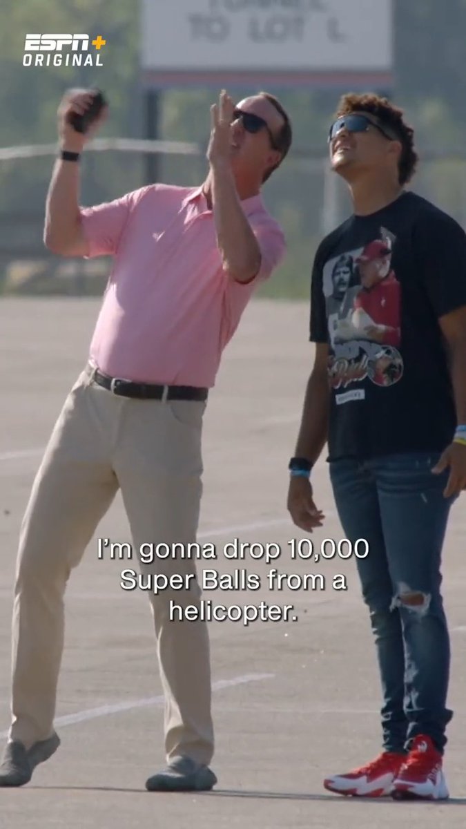 No big deal, just Peyton Manning and Patrick Mahomes II dropping 10,000 Super Balls from a helicopter. 😂 (Via NFL Films &amp; Omaha Productions)