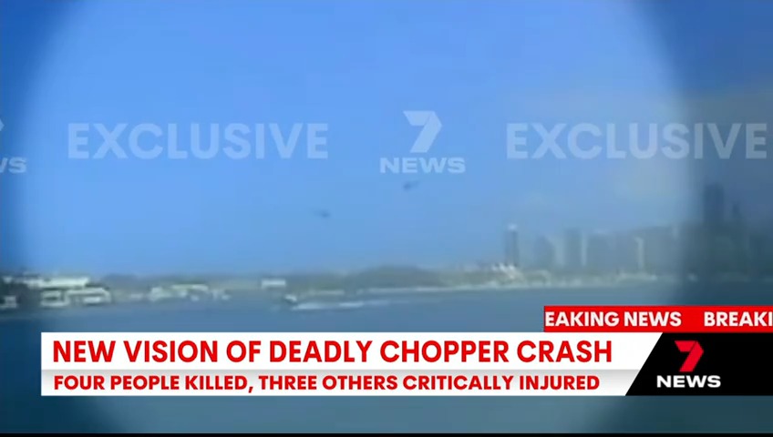 BREAKING NEWS on the deadly helicopter collision on the Gold Coast. A warning to some viewers who may find the vision distressing. This is the moment of impact just outside Sea World where the two choppers collided. At least four people have been killed. #7NEWS