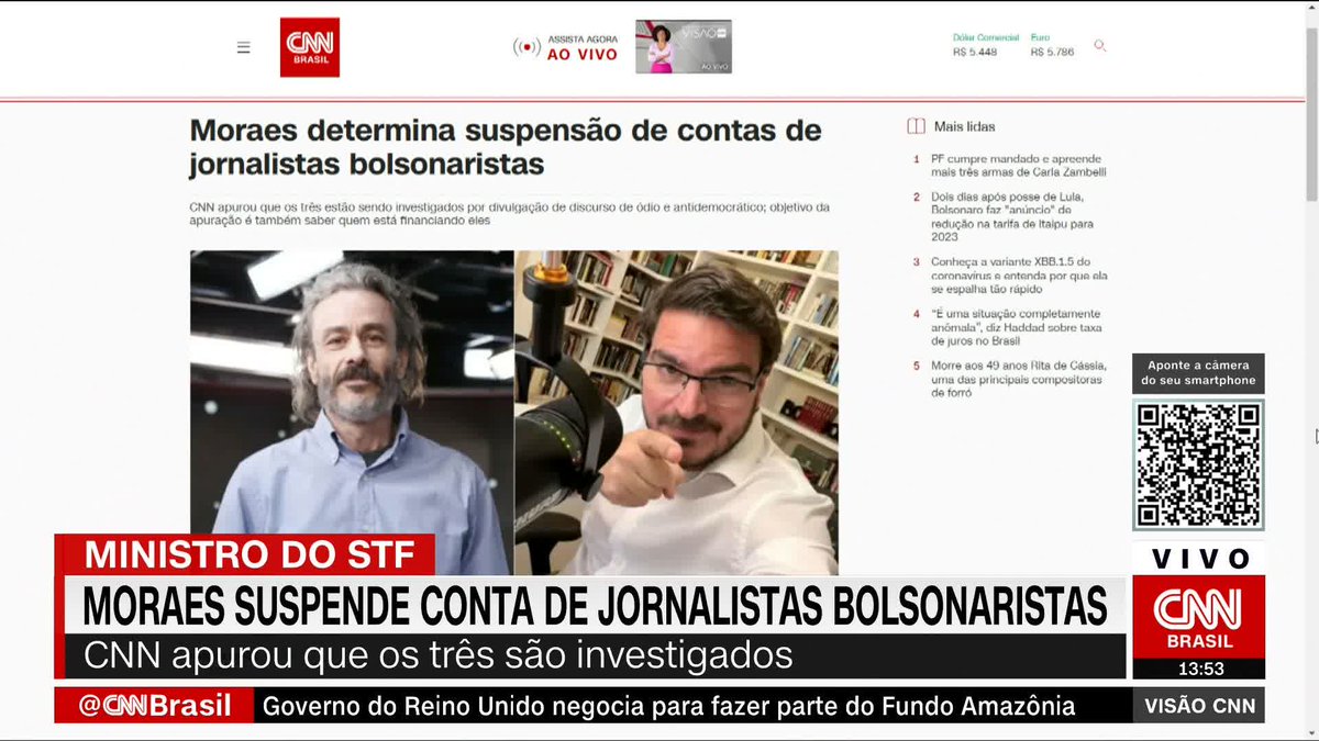 O ministro Alexandre de Moraes, do STF, determinou a suspensão das contas em redes sociais dos jornalistas bolsonaristas Guilherme Fiuza, Paulo Figueiredo Filho e Rodrigo Constantino. A CNN apurou que os três estão sendo investigados por divulgação de discurso de ódio #VisãoCNN