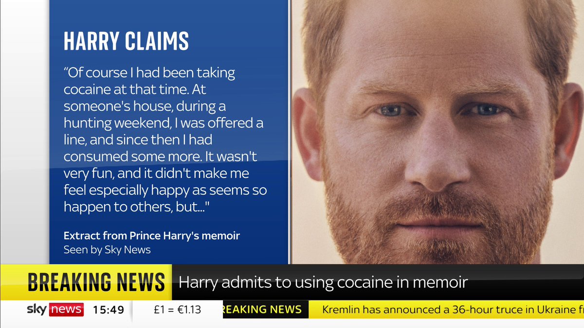 BREAKING: Prince Harry has admitted for the first time that he took cocaine as a teenager. Writing in his memoir, he recalls taking the drug during a hunting weekend, adding that "it didn't make me feel especially happy". Live: 📺 Sky 501 and YouTube