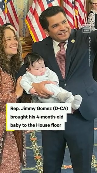 'On behalf of my son, Hodge, and all the working families who need an expanded child tax credit: [I vote for] Hakeem Jeffries!' — Rep. Jimmy Gomez brought his 4-month-old baby to the House floor for the speakership vote