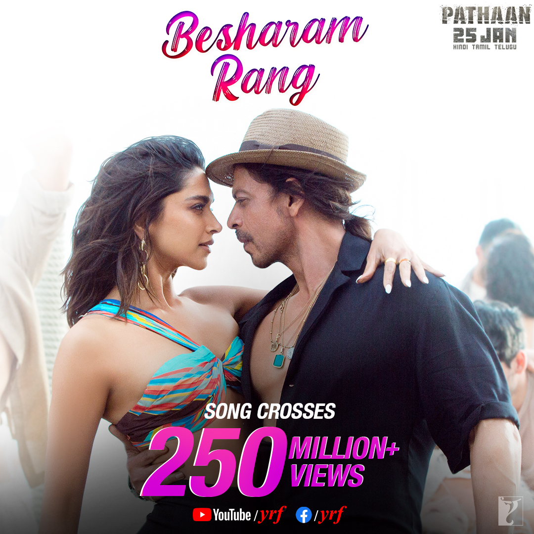 #BesharamRang making it to everyone's hearts and playlist instantly. 🤌❤️ Celebrate #Pathaan with #YRF50 only at a big screen near you on 25th January, 2023. Releasing in Hindi, Tamil and Telugu.