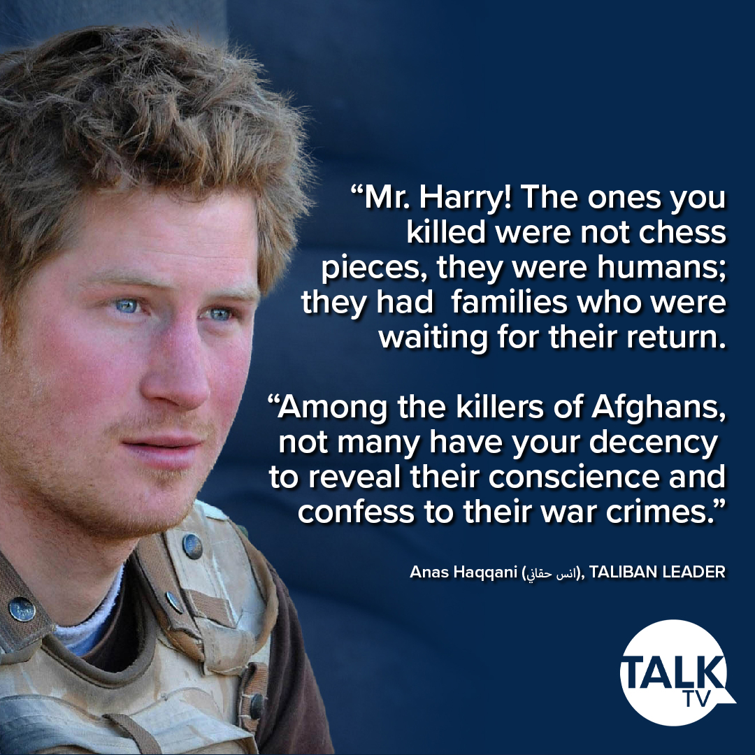 BREAKING: Senior Taliban leader Anas Haqqani has responded after Prince Harry revealed his kill count in Afghanistan was 25: "The ones you killed were not chess pieces, they were humans with families."