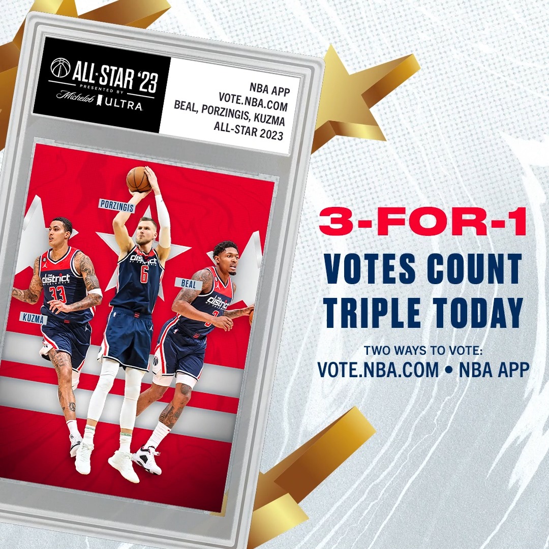 VOTES. COUNT. TRIPLE. TODAY. 🗣️ 🌟 vote Bradley Beal, Kristaps Porzingis, and kuz for #NBAAllStar → #DCAboveAll | Michelob ULTRA
