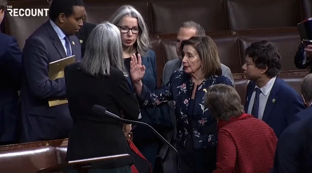 Rep. Nancy Pelosi (D-CA) is holding court on the House floor with Minority Whip Katherine Clark and other Democrats after the 13th Speaker vote.
