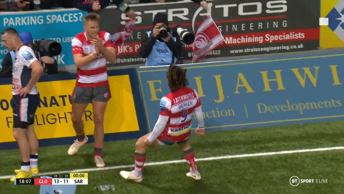 What a kick! What a noise! 😲 Gloucester Rugby 🍒 number nine Ben Meehan gets the Kingsholm crowd on their feet with an incredible kick from one end of the field to the other. #GallagherPrem