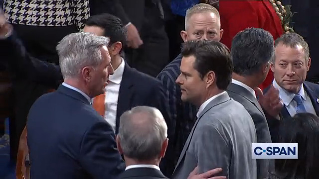 During vote to adjourn Matt Gaetz talks to Kevin McCarthy. McCarthy changes his vote to adjourn. Appears a 15th vote for speaker will take place shortly. WATCH LIVE on C-SPAN #118thCongress