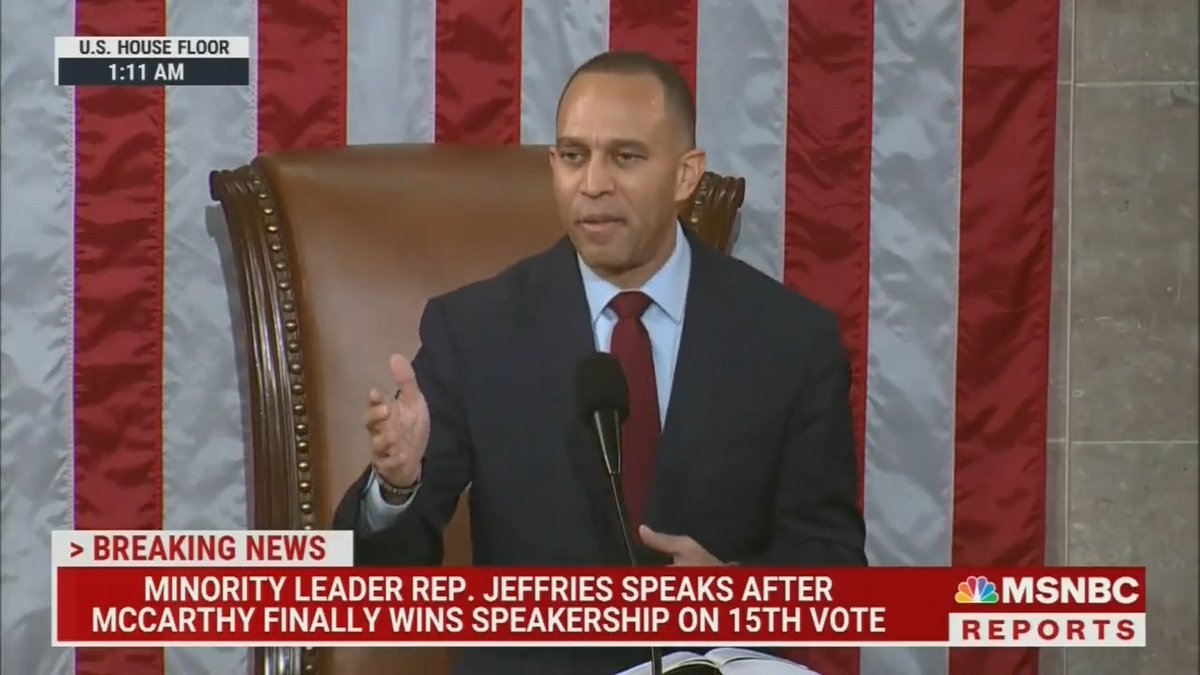 ICYMI at 1 am ET, House Democratic leader Hakeem Jeffries really went through the whole alphabet of party values before passing the gavel to Kevin McCarthy. "American values over autocracy, benevolence over bigotry ... governing over gaslighting ... maturity over Mar-a-Lago ..."
