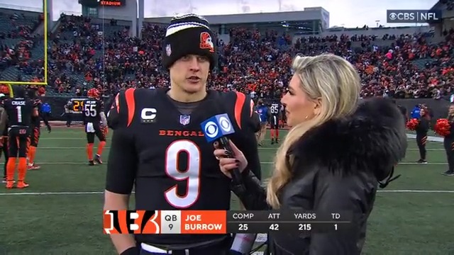 “It’s nice to come out with a win, and it’s nice to hear that Damar is doing better.” Joe Burrow got the Cincinnati Bengals a W and showed love #ForDamar after the game. 🎤 Melanie Collins