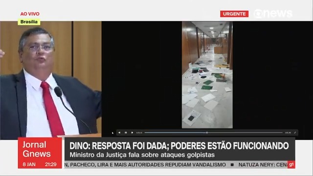 Flávio Dino: "Tudo que nós queremos é a pacificação do país, mas como é que se pacifica o país nessas condições? Com pessoas querendo jogar bomba, dar tiro, invadir, depredar?". ➡ Assista à #GloboNews COM SINAL ABERTO -