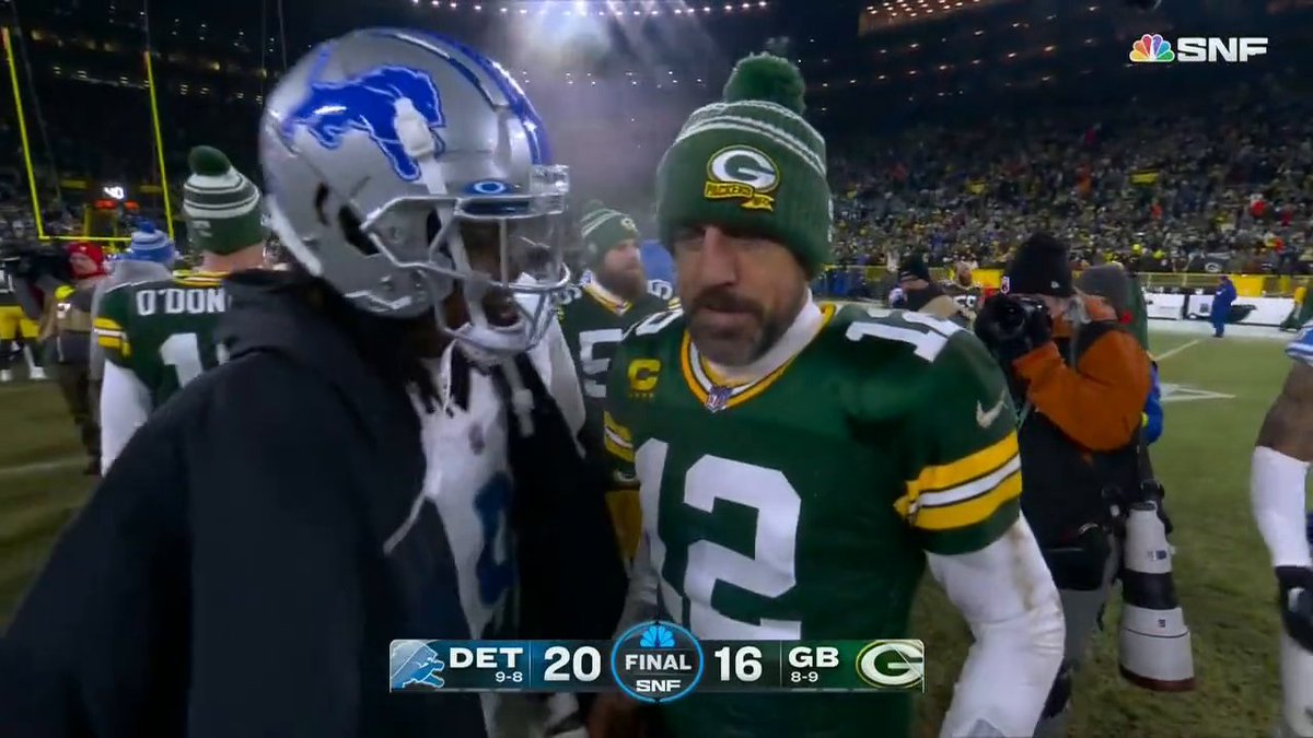 "I gotta hold on to this one." Aaron Rodgers to Jameson Williams, who asked for his jersey after the game. (via Sunday Night Football on NBC)