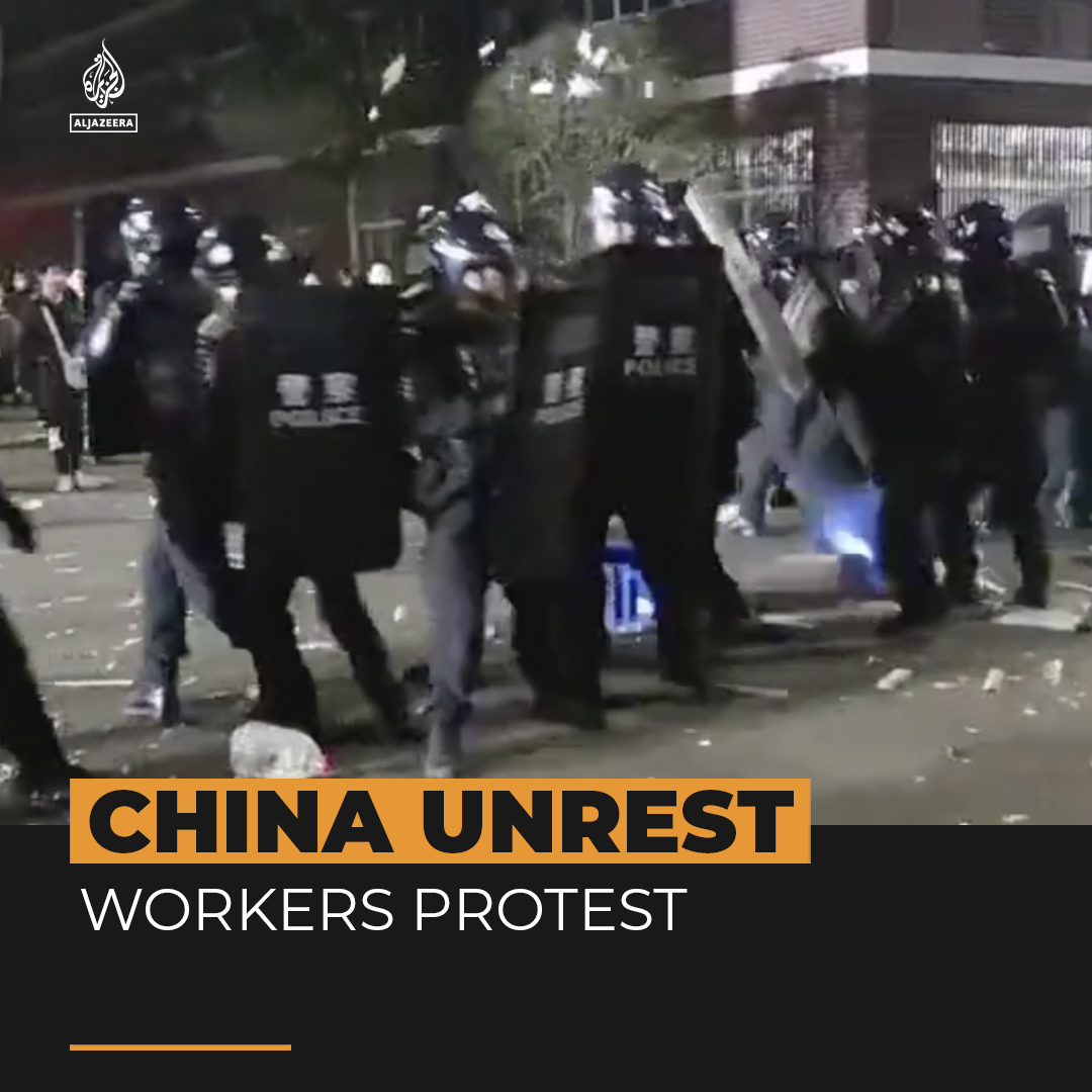 As China eases COVID rules around the country, videos have emerged of workers protesting in the city of Chongqing over reported mass layoffs by a pharmaceutical factory ⤵️