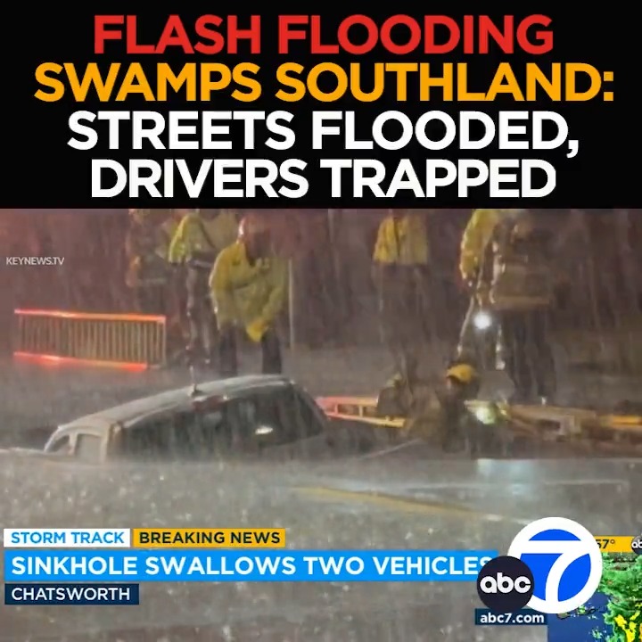 #BREAKING: A monster storm pounds SoCal, #flooding roads and trapping drivers. Firefighters performing risky rescues to save people stuck in a sinkhole and trapped by raging floodwaters. The critical flood watches and warnings - Tonight at 11 from ABC7