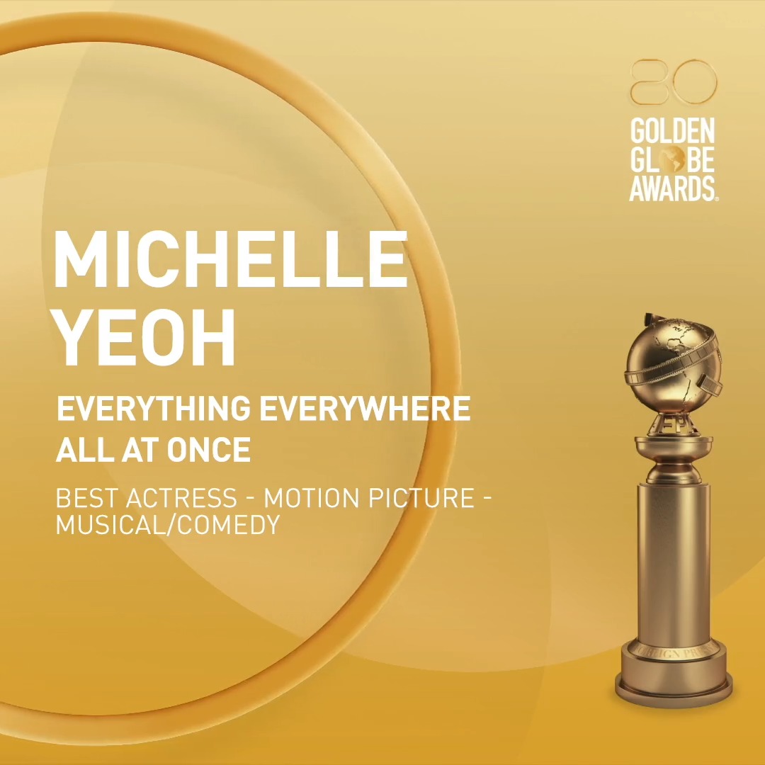 The award for Best Actress - Motion Picture - Musical/Comedy is Michelle Yeoh for Everything Everywhere! #GoldenGlobes