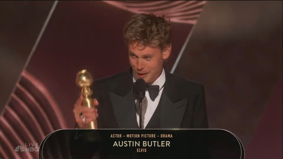 Austin Butler accepts the #GoldenGlobes award for best actor in a drama movie for starring in #Elvis