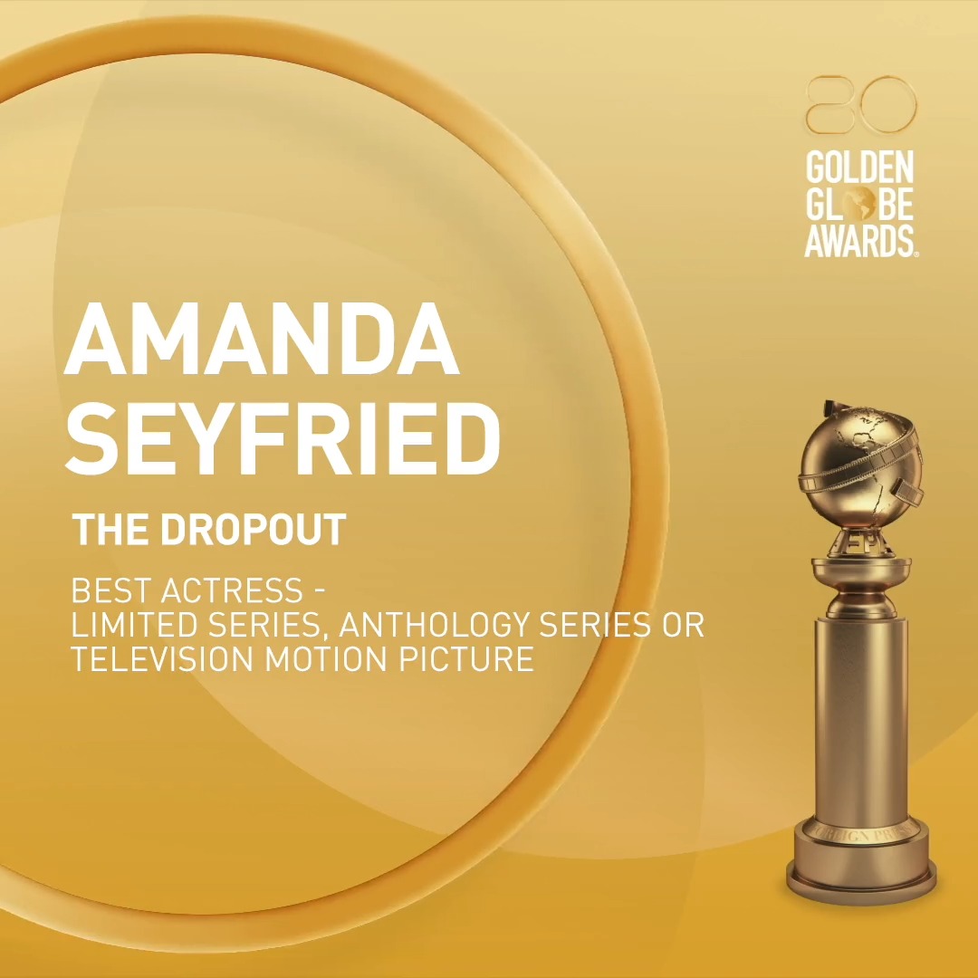 The Golden Globe 📣 WINNER 📣 for Best Actress - Limited Series, Anthology Series, or Television Motion Picture is... @amandaseyfried for her role in @thedropouthulu! Congratulations 💖 #GoldenGlobes
