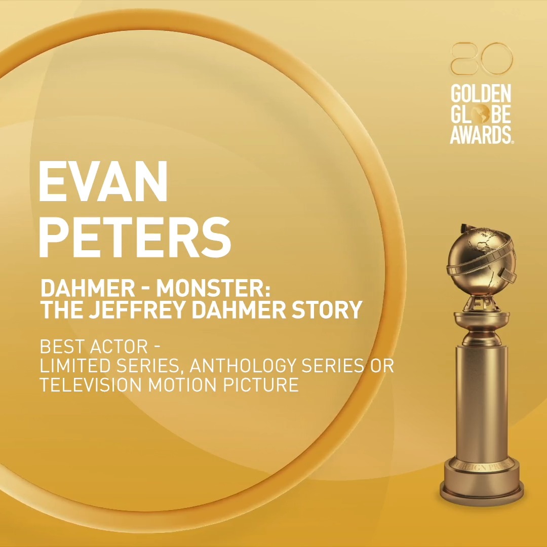 And the Golden Globe goes to Evan Peters for his WIN for Best Actor - Limited Series, Anthology Series, or Television Motion Picture for his role in Dahmer - Monster: The Jeffrey Dahmer Story! #GoldenGlobes