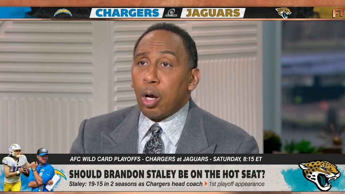 "If the Los Angeles Chargers lose this game to the Jacksonville Jaguars, Brandon Staley will be fired. Period. He will deserve it. Period." 😳 Stephen A Smith