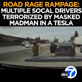 A driver attacks multiple motorists in a road rage rampage caught on camera. The driver of a Tesla with no plates attempts to run cars off the road before attacking another driver's car with a pipe. The search for the masked madman. Tonight at 11 from ABC7