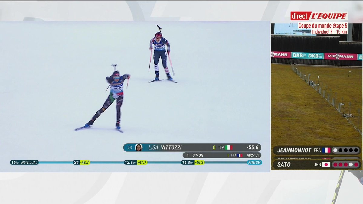 Lisa Vittozzi devance Julia Simon grâce à son 20/20 au tour Et Lou Jeanmonnot qui peut aller chercher le podium grâce à son tir parfait tout au long de ce jeudi, quelle performance Suivez la fin de course > #lequipebiathlon