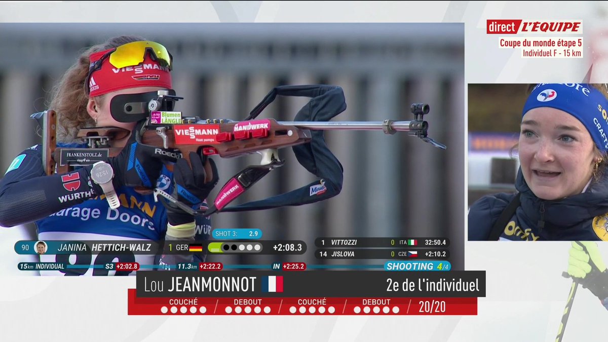 💬 Lou Jeanmonnot : "Je suis super contente, mes parents sont venus cette semaine […] Le dernier debout n’était pas facile" La Française va prendre la deuxième place pour cet Individuel, le meilleur résultat de sa carrière #lequipebiathlon