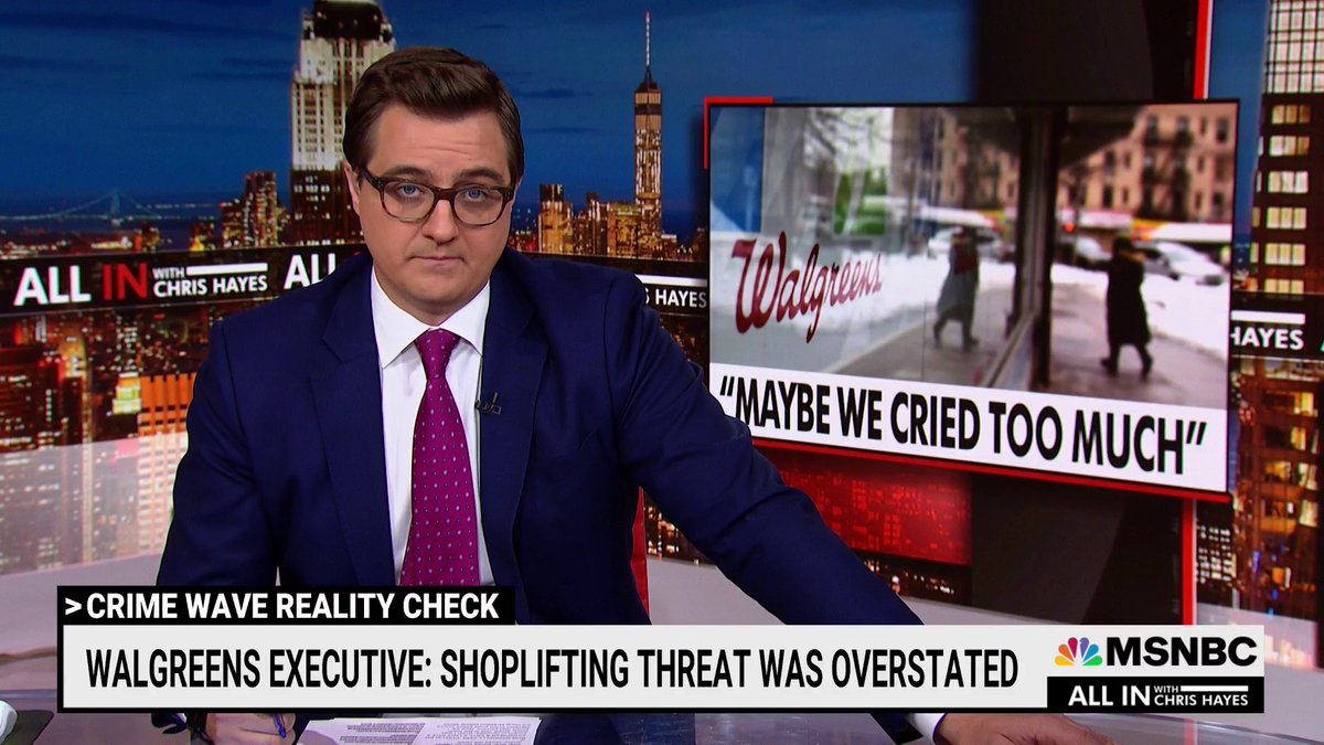 .Chris Hayes on Walgreens admitting the shoplifting threat was overstated: “This is something everyone needs to bookmark in their minds the next time you hear giant corporations warning about a ‘rampant crime wave.’”