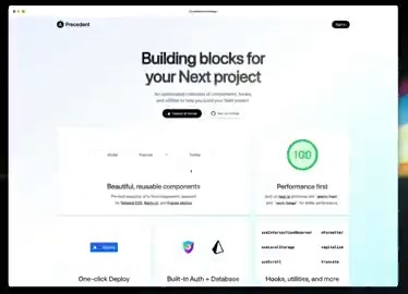 Introducing Precedent – building blocks for your @Nextjs project. It's a collection of components, hooks, and utilities that I find myself reusing every time I start a new project. 100% free &amp; open source →