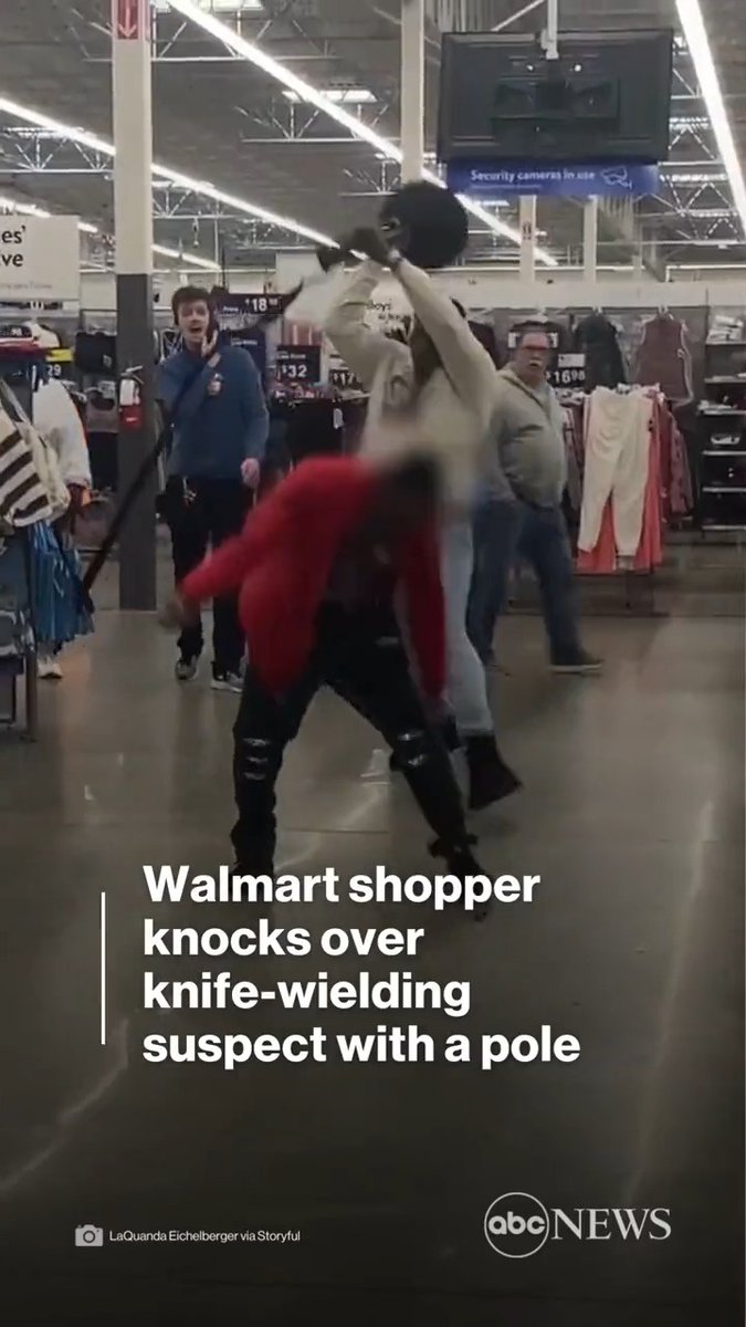 TIMELY INTERVENTION: Knife-wielding man in Walmart disarmed in dramatic fashion as shopper hits him from behind with a pole.