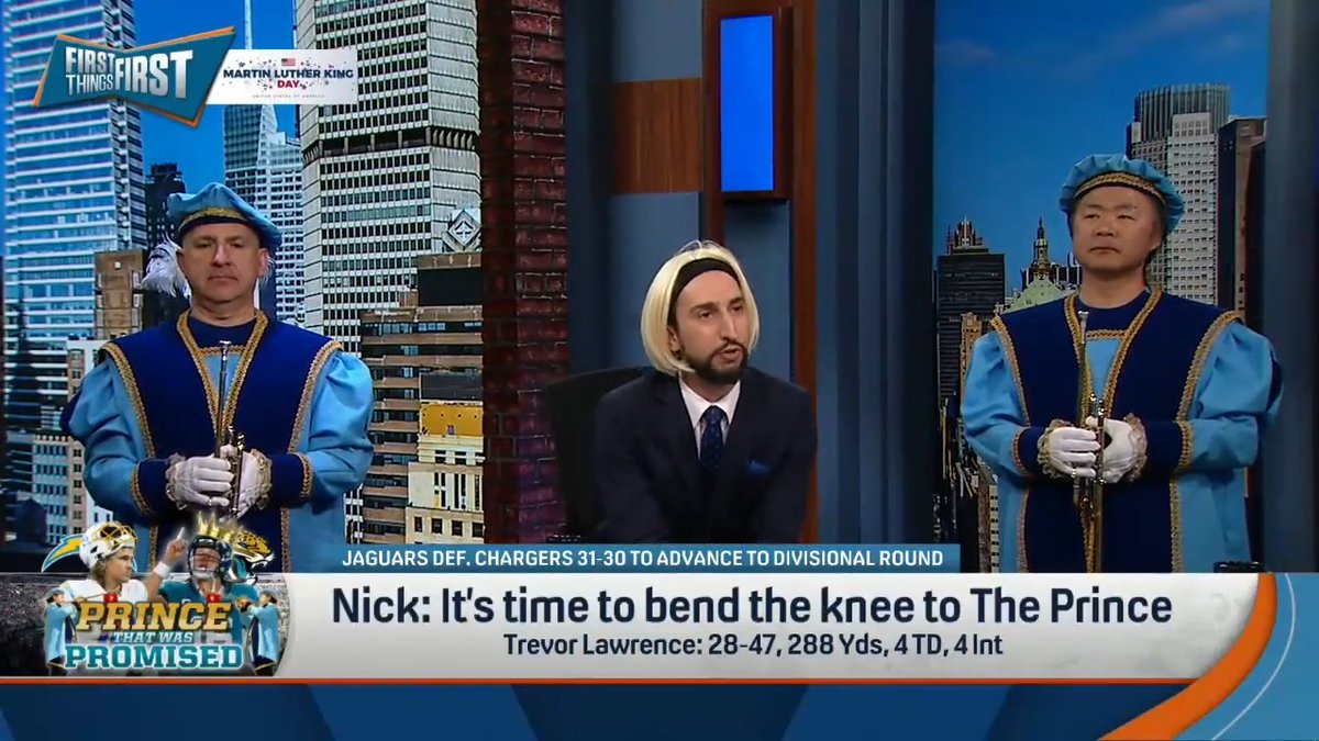 "NEVER A DOUBT — down 27-0, worst half of his career, & that young man never blinked!! ... Please rise, & I ask you to bend the knee to The Prince." — nick wright brings out the trumpets, a drummer & Trevor Lawrence's signature hairdo in another regal ceremony: 🎺🎺🥁🤴