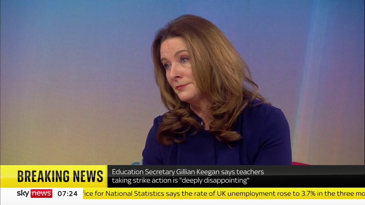 .Kay Burley: What's your message to a mum on a zero hours contract who has to take time off work because her child can't go to school? Gillian Keegan says "you don't need to strike to get my attention", adding "our children don't deserve it". 📺 Sky 501